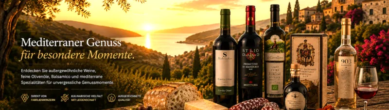 Mediterrane Genusswelt mit Premiumweinen von Weinkontor Scheucher und Mottura, italienischem Bio-Olivenöl, traditionellem Balsamico, Grappa und Feinkost vor einer stimmungsvollen Küstenlandschaft bei Sonnenuntergang.